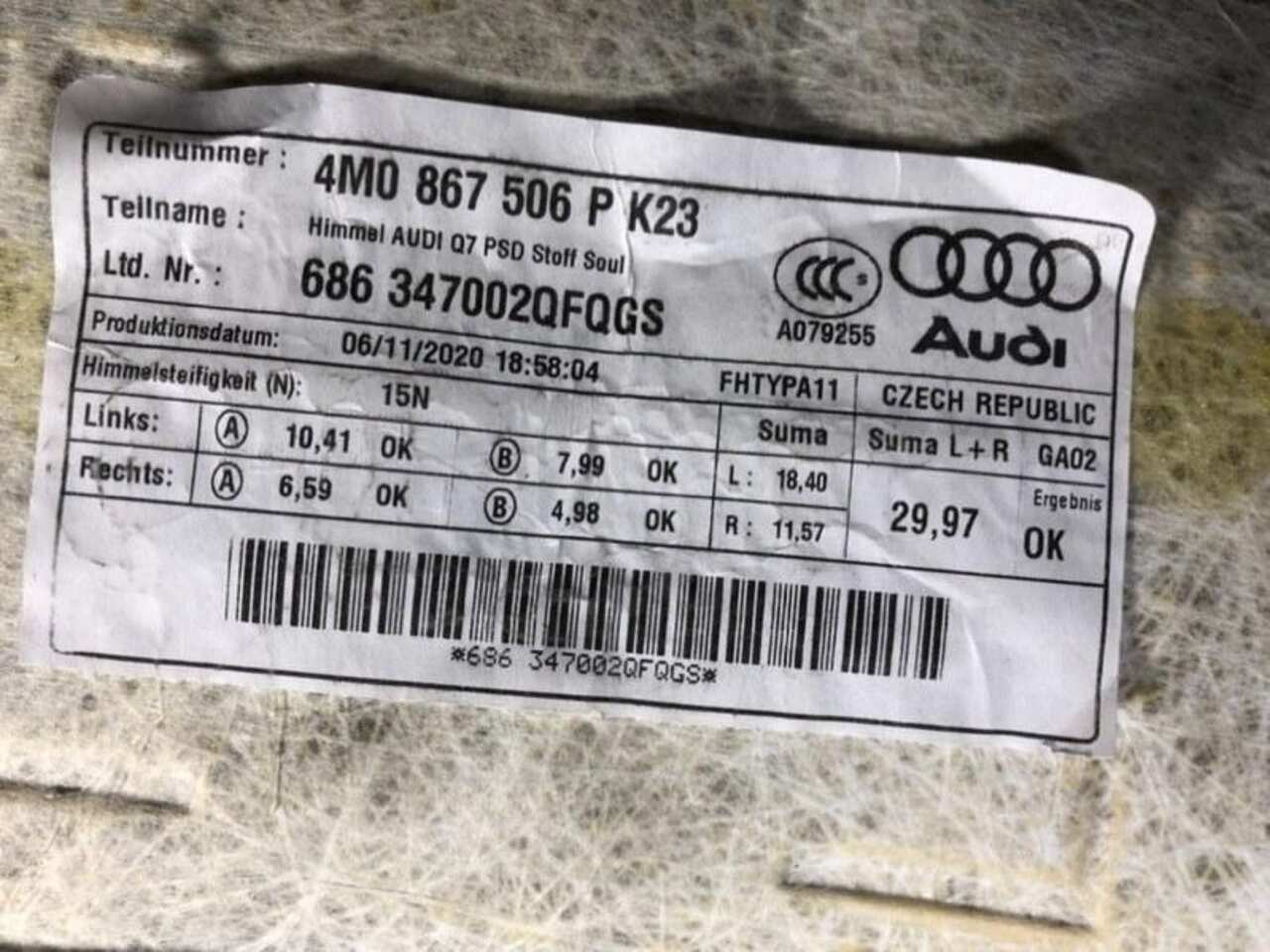 Обшивка потолка AUDI Q7 2 (2015-2019) 4M0867505BL25M D7821